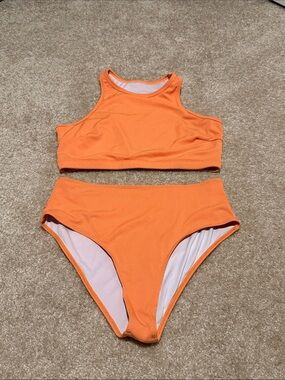 Orange High-Neck Ribbed Bikini Set
